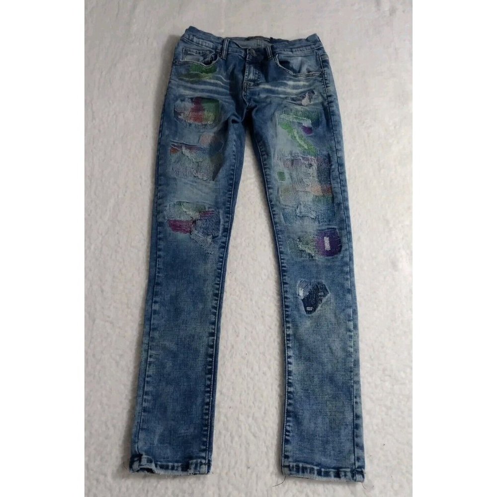 Decibel Distressed And Patches Slim Blue Jeans Men's Size 32x32